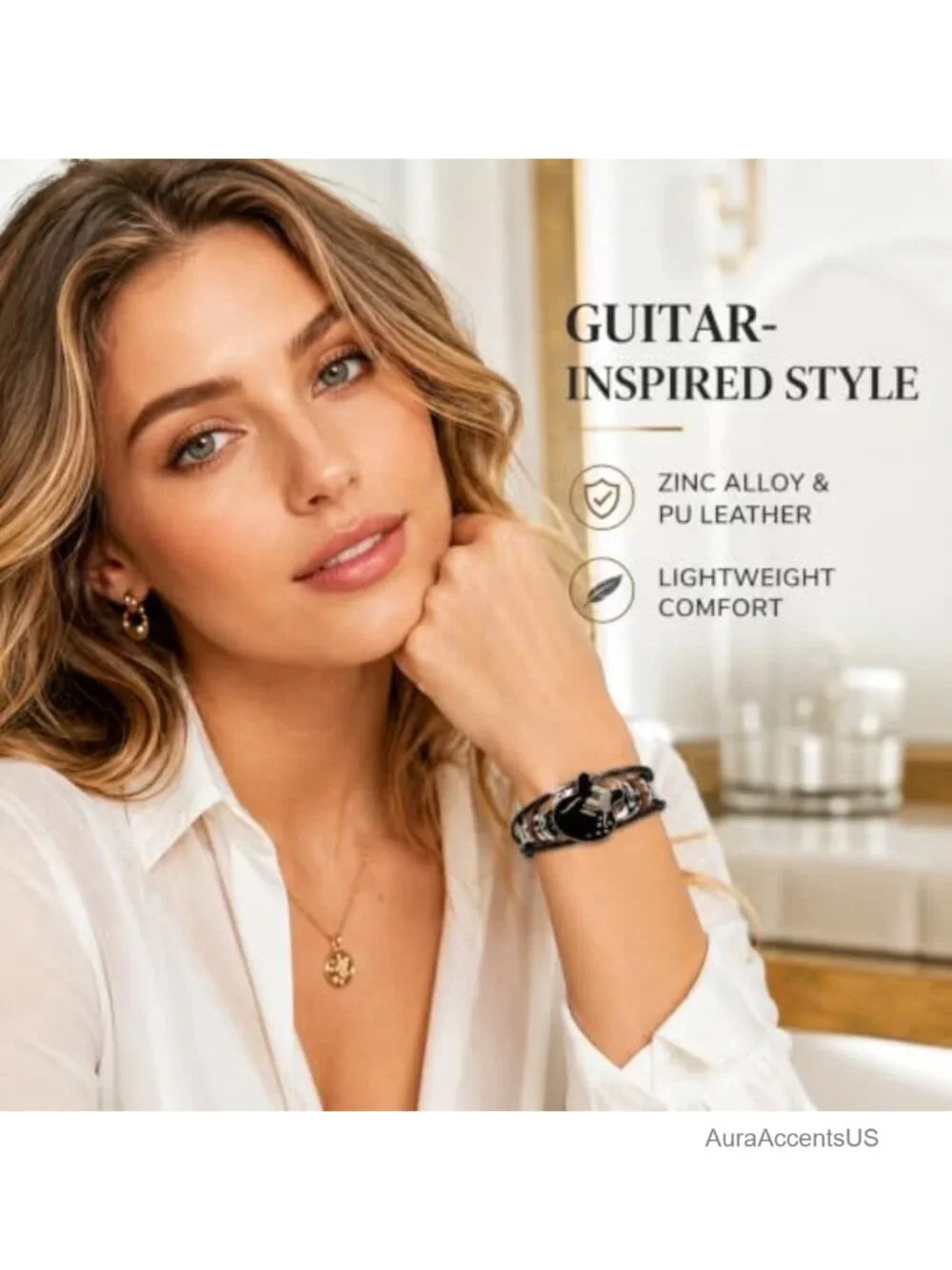 Multilayer Leather Bracelet with Guitar Charm for Men Women Unisex Music Rock